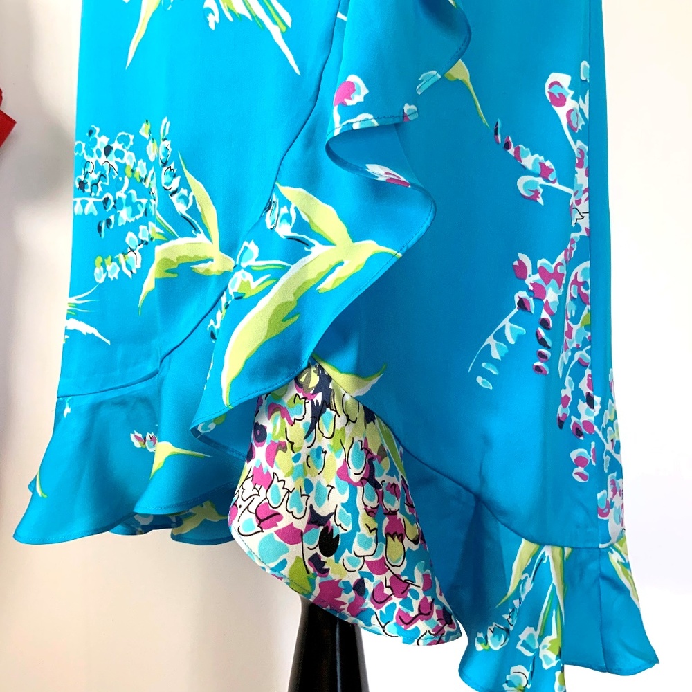 Valerie Stevens 100% Silk Blue Floral Midi Ruffle Faux Wrap Skirt Sz 8P - Picture 6 of 16